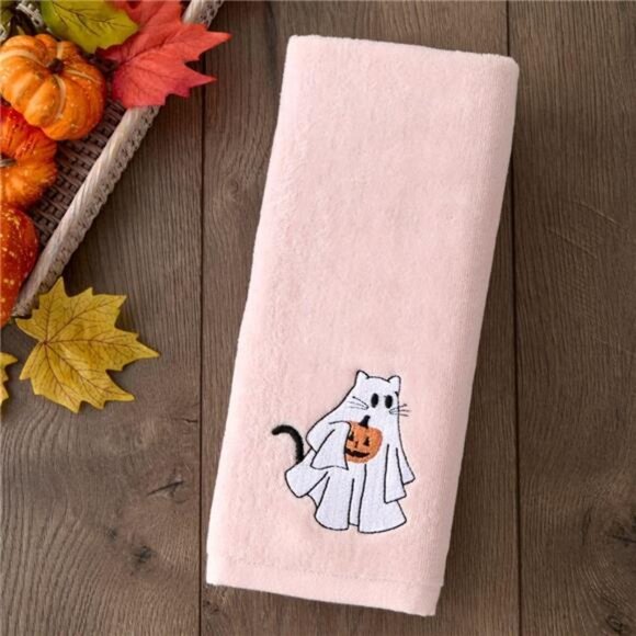 Cotton hand towel set 2 piece Halloween ghost cat decorative kitchen bath gift p - Picture 2 of 7